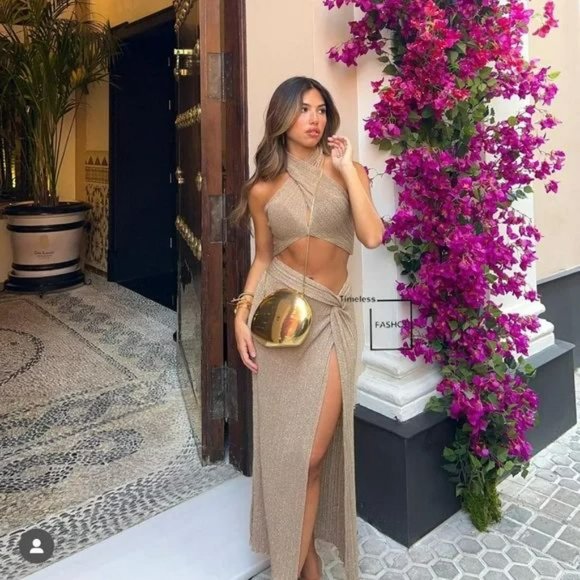 Zara Dresses & Skirts - RARE ZARA 2 PIECE GOLDEN METALLIC THREAD WRAP KNIT TOP AND KNIT SKIRT